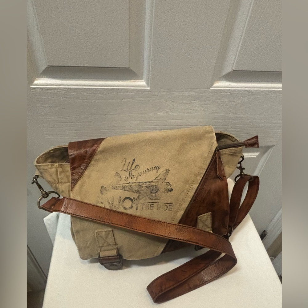 Brown and Tan Men's Crossbody Bag 16x12” canvas & leather bag.